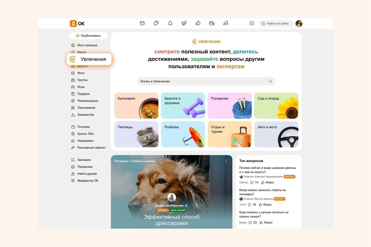 Одноклассники» обновили раздел «Увлечения»